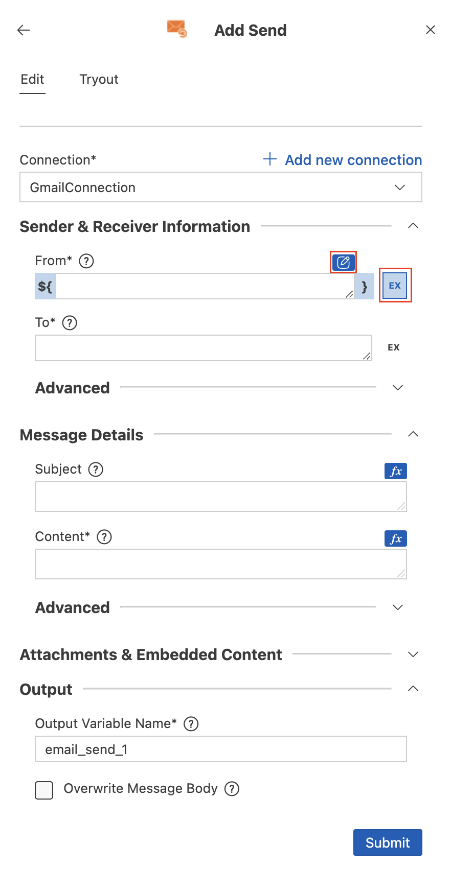 Adding the send parameters.