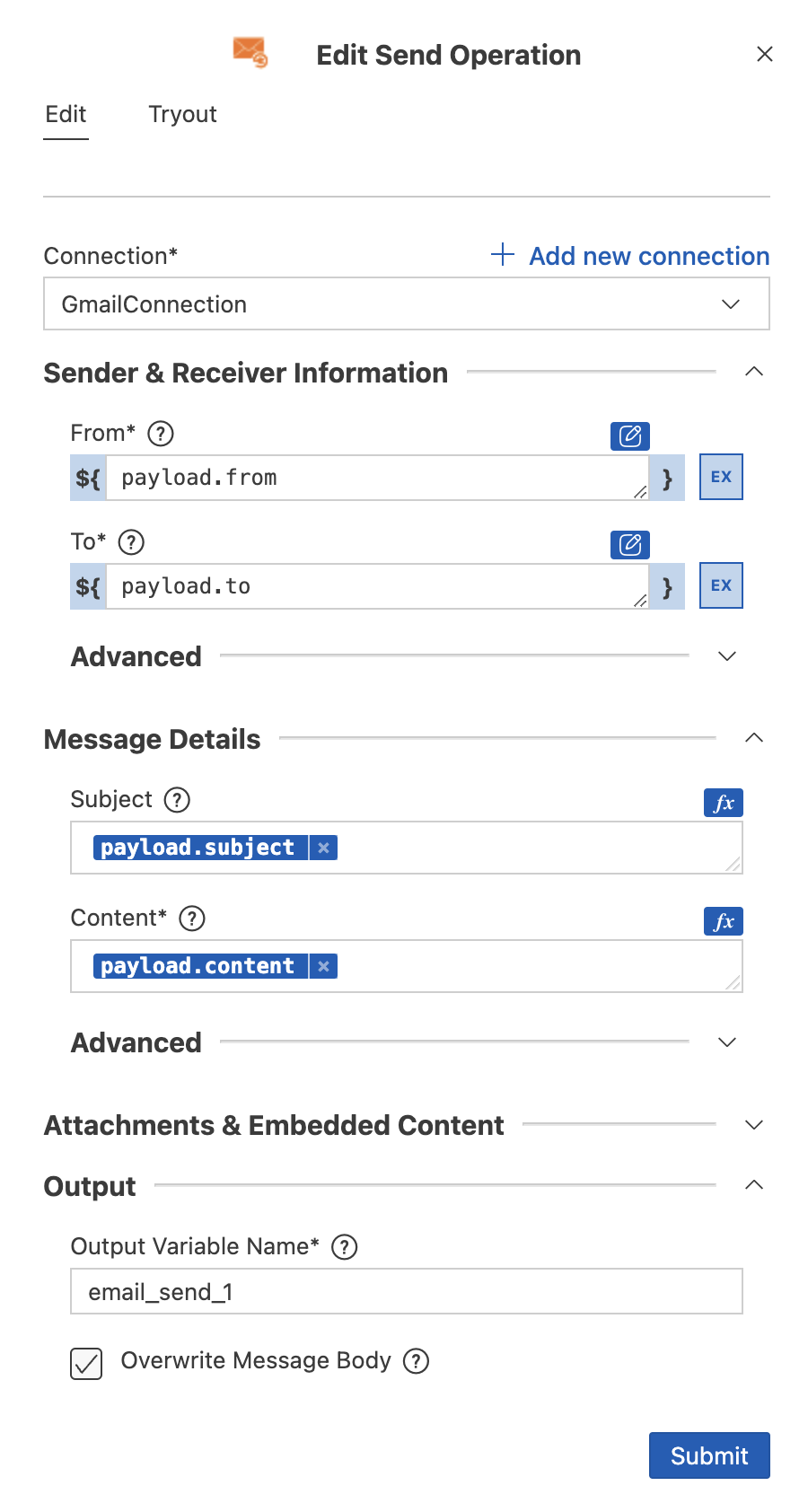 Adding the send parameters.