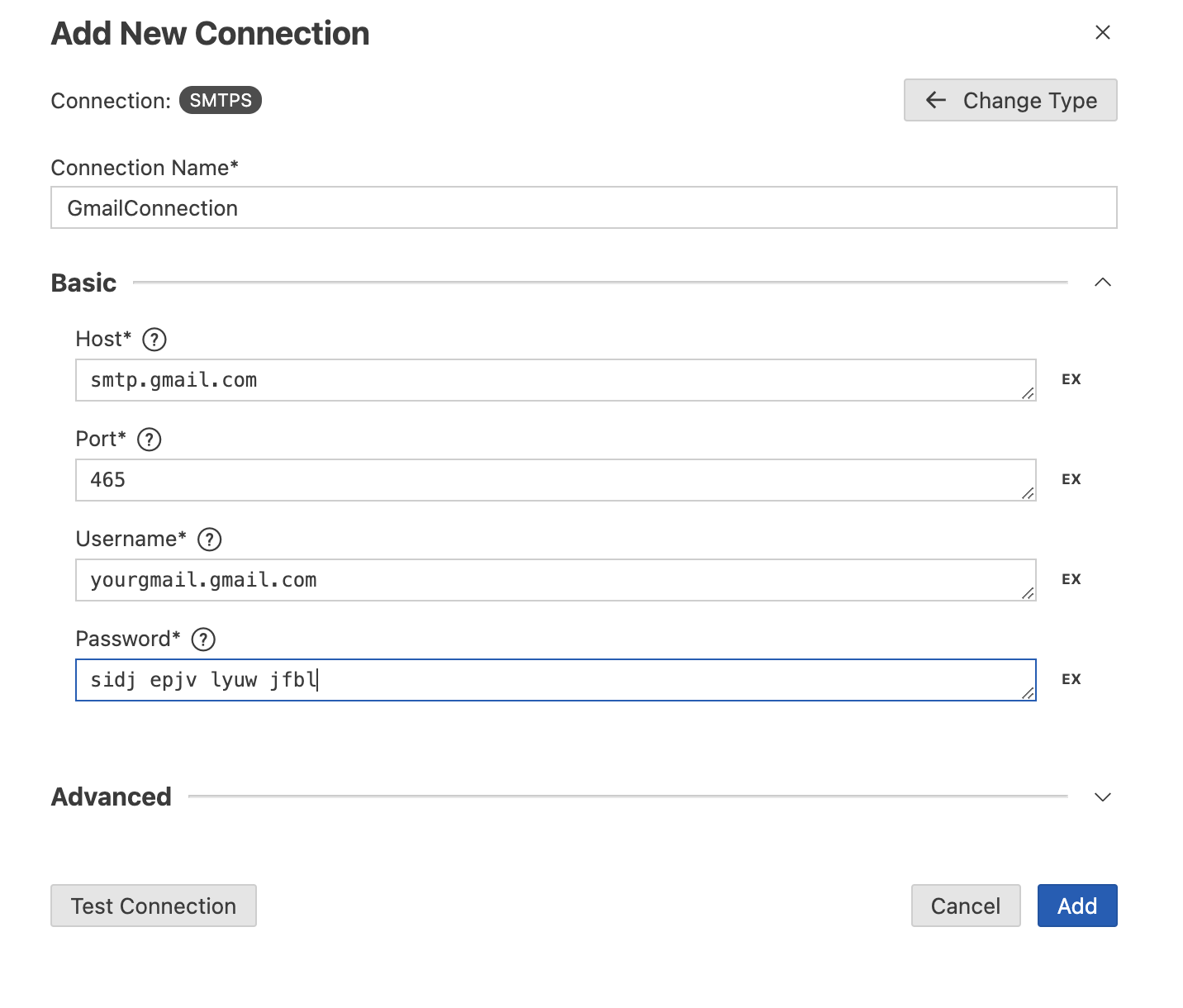 Connection parameters.