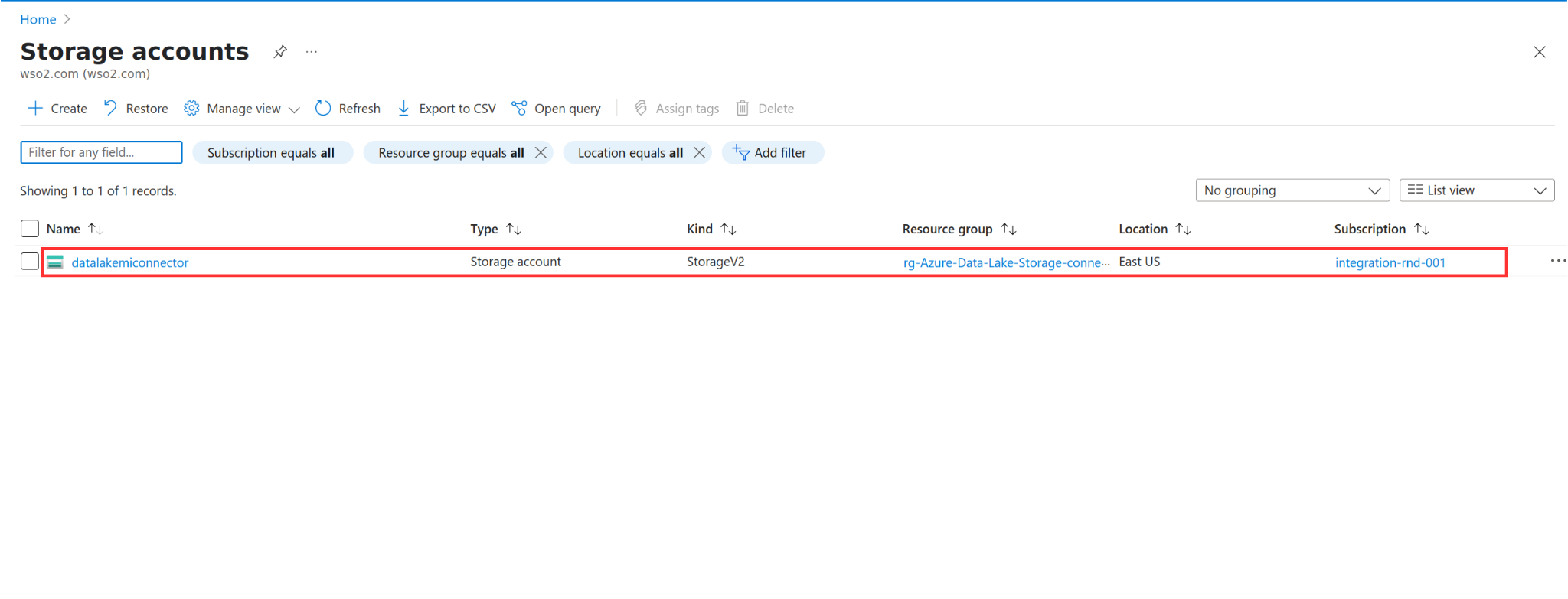 Select created storage account