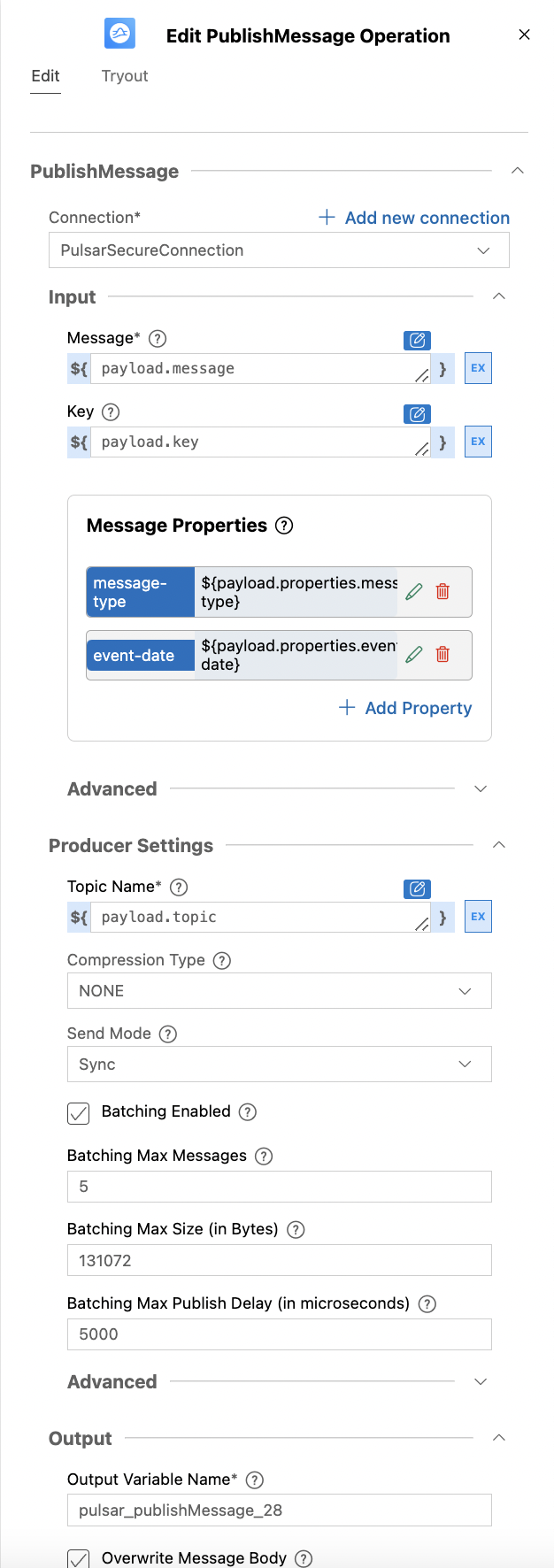 PublishMessage operation pane.